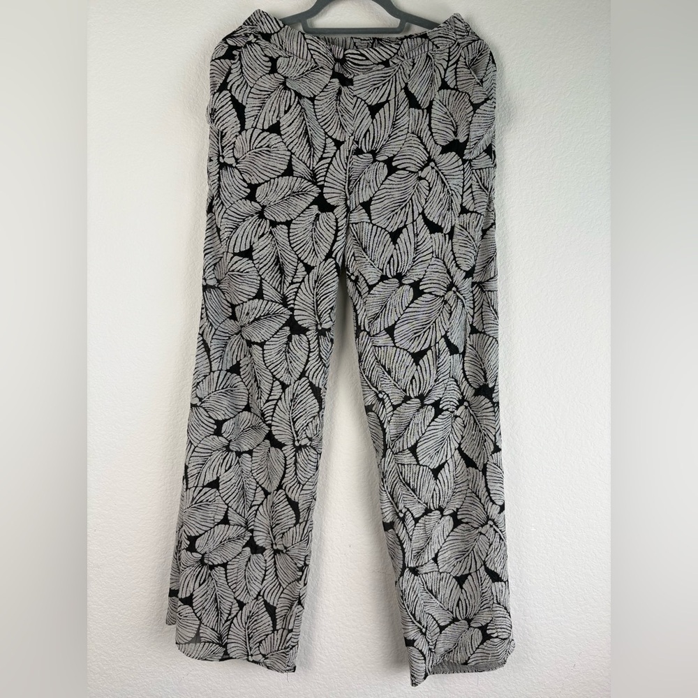 Anthropologie Elevenses Pants Women's XSmall Black White Linen Blend Palm Print